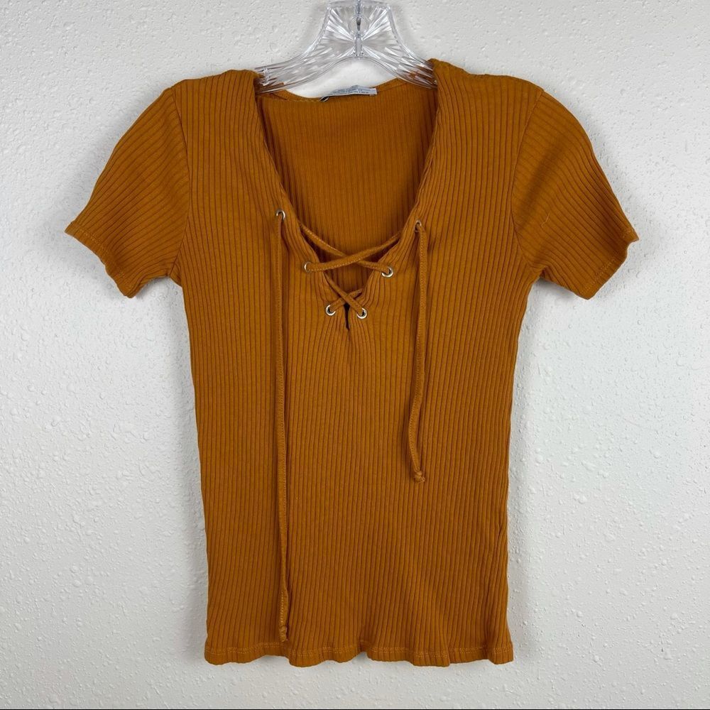 Zara Trafaluc Mustard Yellow Tie Front Top Size Small